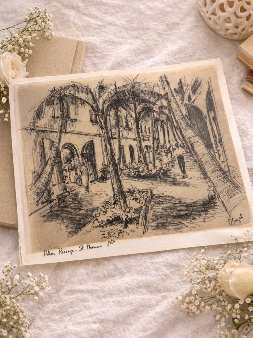 Signed P Sigal Palm Passage St Thomas Sketch Print Caribbean Wall Art Vintage